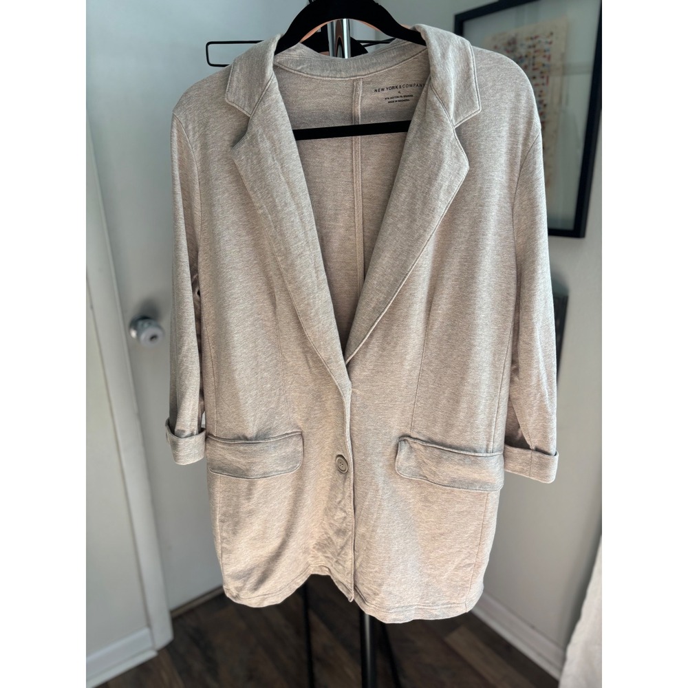 New York & Company Womens XL Knit Blazer Oatmeal Heather Jersey Jacket Stretch